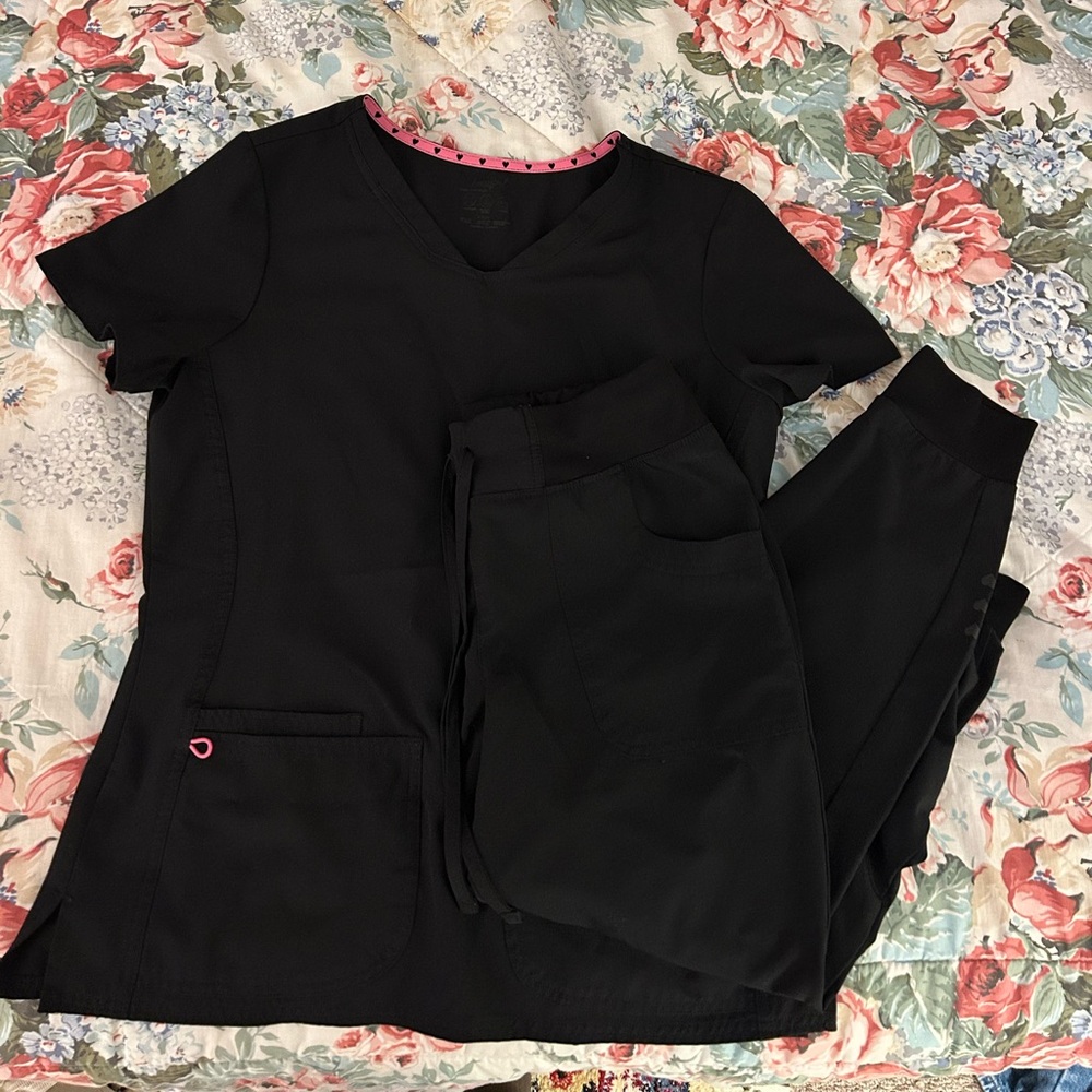 Black Scrub Set with Pink Accents